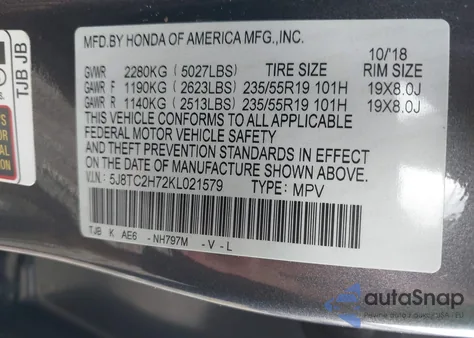 2019 Acura Rdx Advance Package from USA, damaged, VIN 5J8TC2H72KL021579